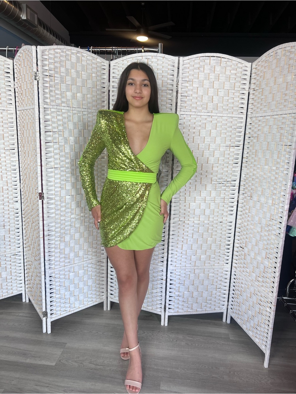 Zhivago Neon Lime Asymmetric Sequin Mini Dress